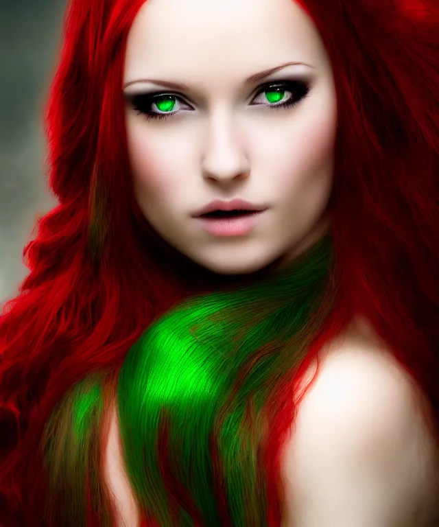 Image similar to Beautiful young woman, Fae, Fantasy, portrait, long red hair, green highlights