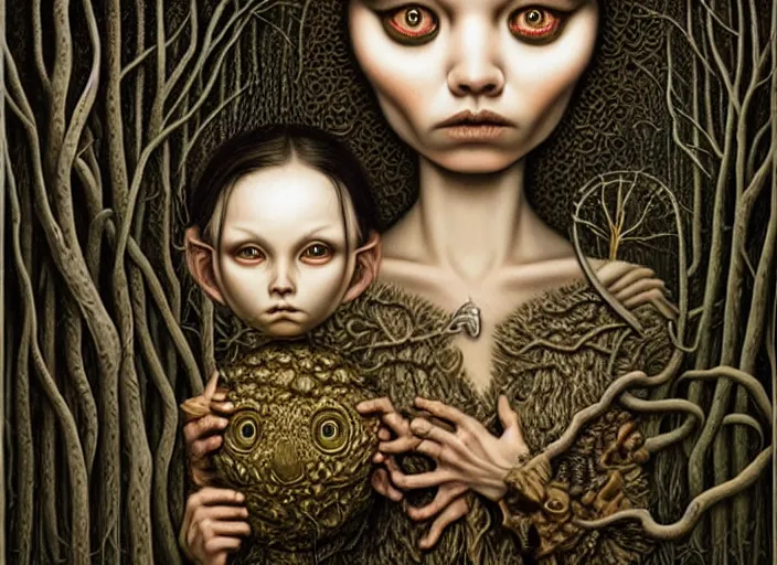 Image similar to intricate detailed portrait of a character in front of a cabin in a dark mysterious forest by mark ryden, naoto hattori, giger