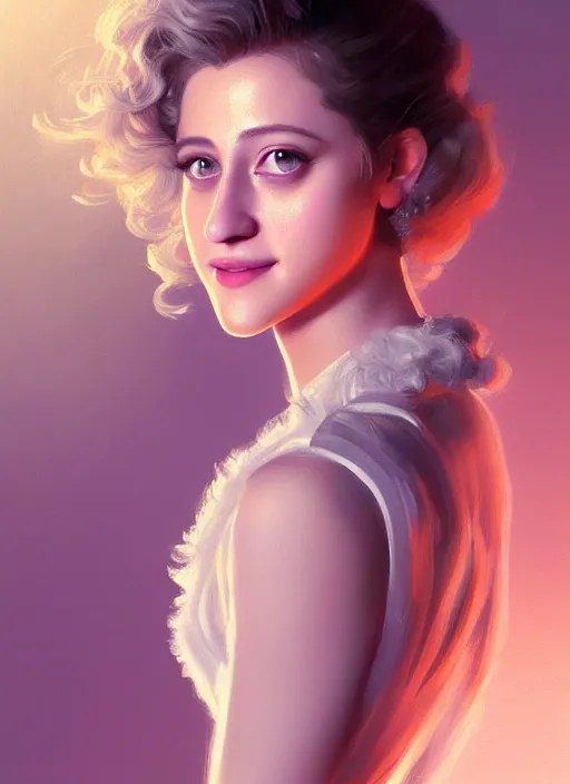 Image similar to portrait of lili reinhart with fluffy bangs, smiling kindly, bangs, 1 9 6 0 s, ponytail, curly bangs and ponytail, intricate, elegant, glowing lights, highly detailed, digital painting, artstation, concept art, smooth, sharp focus, illustration, art by wlop, mars ravelo and greg rutkowski