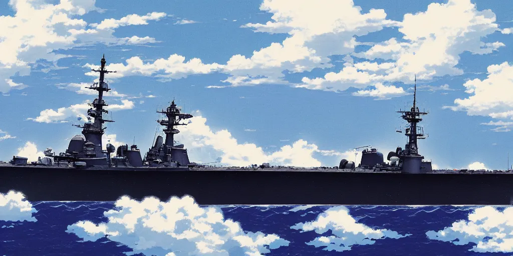 Image similar to japanese battleship fuso flying between clouds, by studio ghibli, dynamic composition, dramatic lighting, hyperrealistic, ultra detailed, nitro colors