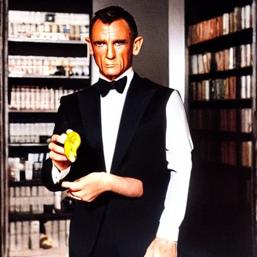 Image similar to james bond holding a banana, facing camera