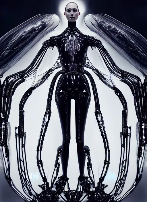 Image similar to catwalk, iris van herpen gothic inflateble dark dress, perfect symmetrical body, helmet on face, full body shot, inflateble shapes, wires, tubes, veins, jellyfish, white biomechanical details, wearing epic bionic cyborg implants, masterpiece, intricate, biopunk, vogue, highly detailed, artstation, concept art, cyberpunk, octane render