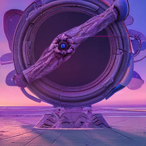 Prompt: a portal located on a beach, leading to an alien planet with a vibrant purple landscape, 4 k photorealism, trending on cgsociety, artstation contest winner, 4 k quality, intricately defined, complexly detailed, golden ratio!!!!!, centered!!!!!