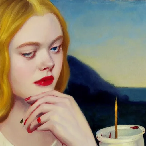 Image similar to Painting of Elle Fanning lighting a match, long blonde hair, delicate, pale milky white porcelain skin, by Edward Hopper. 8K. Extremely detailed.