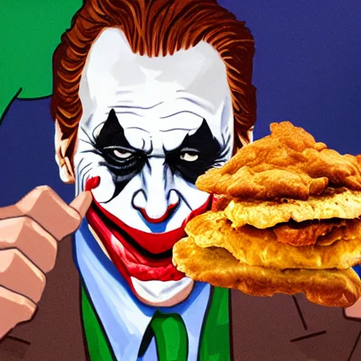 Image similar to The Joker eating a chicken biscuit, 8k