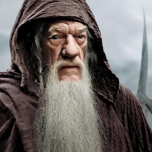 Prompt: the evil ian mckellen as gandalf in a dark viking hood playing odin all father from the thor movie crafting a neural network with synapses on an anvil, highly detailed, cinematic shot, cinematic lighting, 8 k, exquisit facial detail