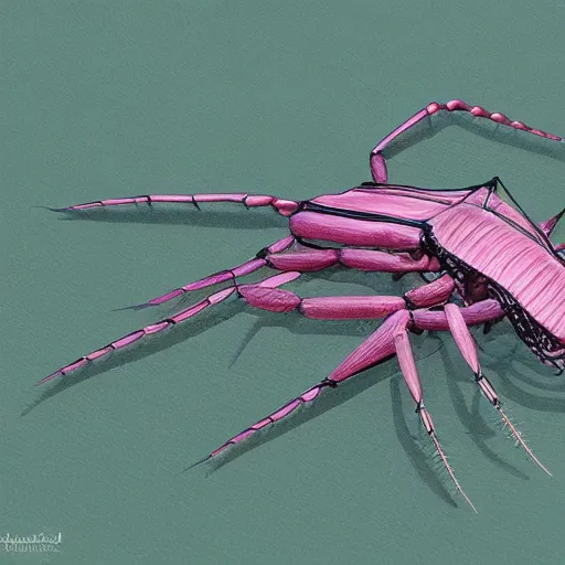 Prompt: pinkish crustacean with a pair of membranous bat - like wings. where a head would be, they have a convoluted ellipsoid composed of pyramided, fleshy rings and covered in antennae. ( 1. 5 m ) numerous sets of paired appendages. unreal engine,