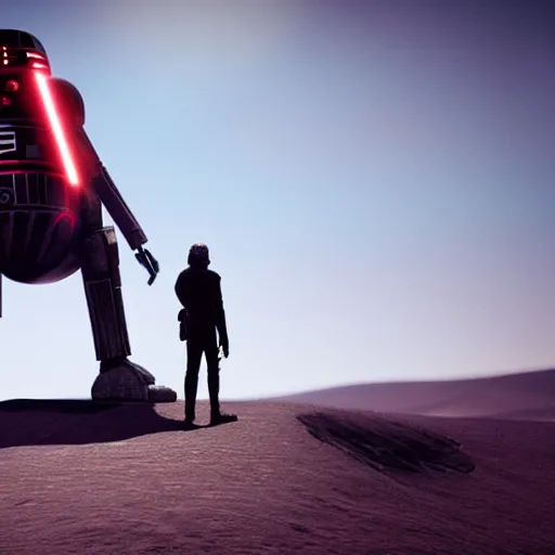 Image similar to kylo ren contemplating on a desert, r2d2 is near him, 4k ultra realistic concept, trending on artstation