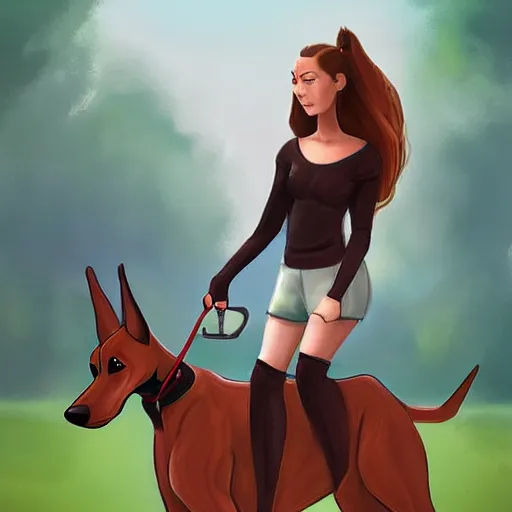 Image similar to girl riding a giant doberman at the park, trending on artstation