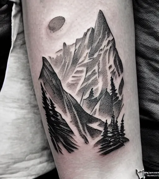 Image similar to creative double exposure effect tattoo design sketch of margot and beautiful mountains and nature, mountain scenery, realism tattoo, in the style of matteo pasqualin, amazing detail, sharp