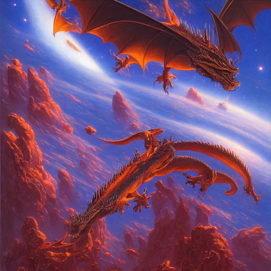 Prompt: dragon with no wings in outer space, tim hildebrandt, wayne barlowe, bruce pennington, donato giancola, larry elmore, oil on canvas, masterpiece, trending on artstation, featured on pixiv, cinematic composition, dramatic pose, beautiful lighting, sharp, details, hyper - detailed, hd, hdr, 4 k, 8 k