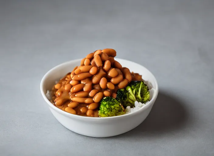 Prompt: food photo still of soft serve swirled frozen yogurt topped with baked beans and broccoli, 8 5 mm f 1. 8 studio lighting
