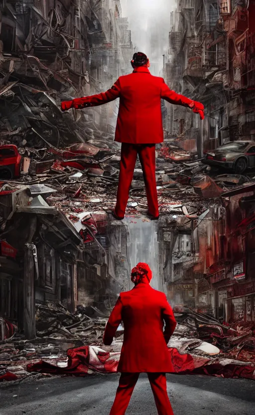 Image similar to cinematic scene of a comedian in red coat performing comedy show on dead bodies in streets of an apocalyptic metropolis destroyed after war, fantasy art, dramatic lighting, insane details