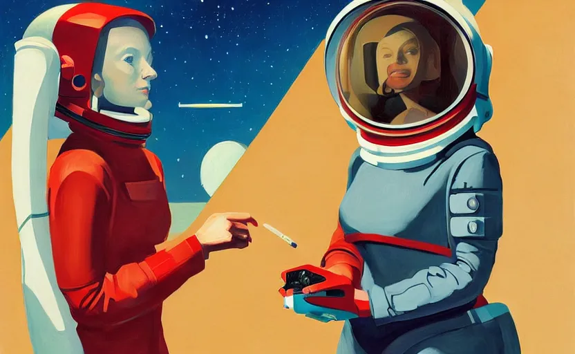 Prompt: Portrait of a Astronaut woman engineer with helmet, very coherent, painted by Edward Hopper, painted by James Gilleard, airbrush, art by JamesJean