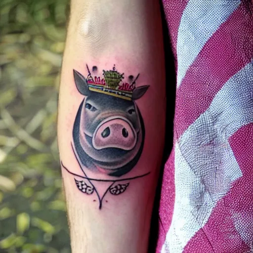 Image similar to traditional american tattoo of pig wearing a gold crown
