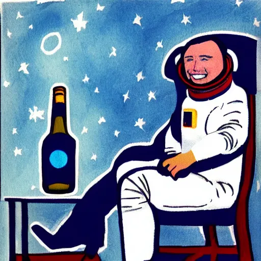 Image similar to astronaut relaxing on a chair with a bottle in the style of albright, ivan