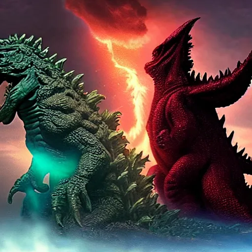 Image similar to godzilla vs cthulhu epic cinematic