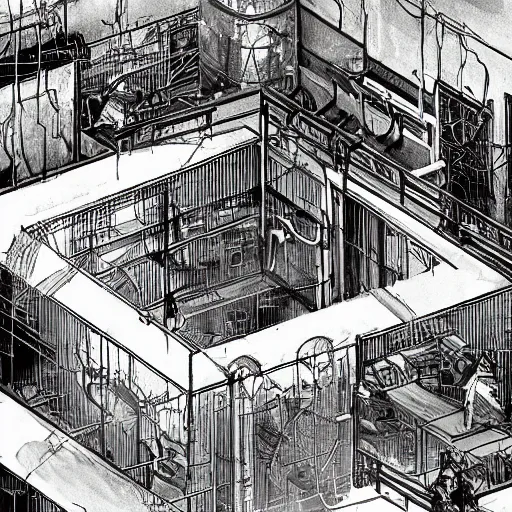 Prompt: underground lab filled with flames, MC Escher style architecture, sterile, human farm, staff wearing hazmat suits running, unknown location, photo taken from above, red alert lights up the walls, light and shadows, concept art