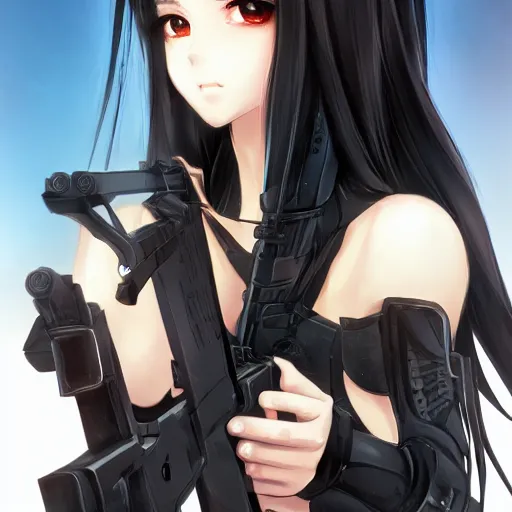 Image similar to upper body portrait of a beautiful girl with long black hair, wearing black riot gear, holding AR-15, drawn by WLOP, by Avetetsuya Studios, attractive character, colored sketch anime manga panel, trending on Artstation