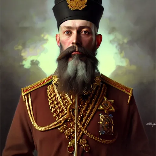 Image similar to portrait painting of russian tsar with beard wearing monomakh's cap, ultra realistic, concept art, intricate details, eerie, highly detailed, photorealistic, octane render, 8 k, unreal engine. art by artgerm and greg rutkowski and magali villeneuve and alphonse mucha