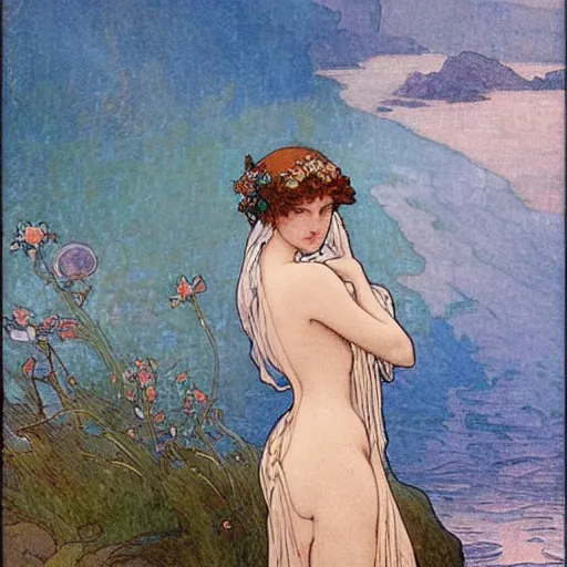 Prompt: magical water spirit woman looking towards the sea, dreamy atmosphere, mucha, gurney