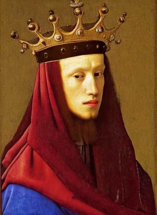 Image similar to portrait of a young man who is a king with a crown, medieval painting by Jan van Eyck, Johannes Vermeer, Florence