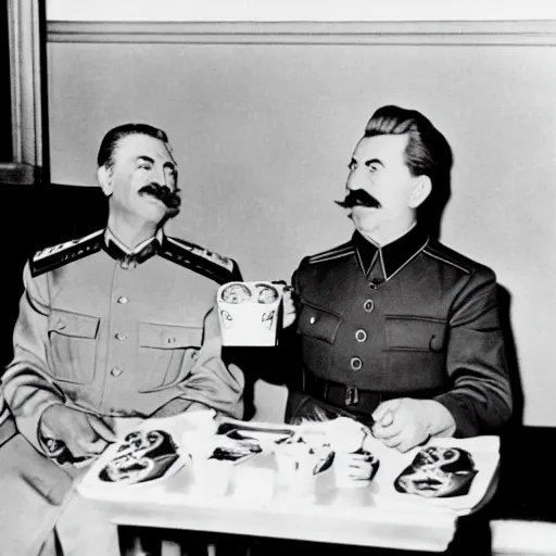 Image similar to joseph stalin enjoying a happy meal at mcdonald's, colored, 8 k, hyperdetailed