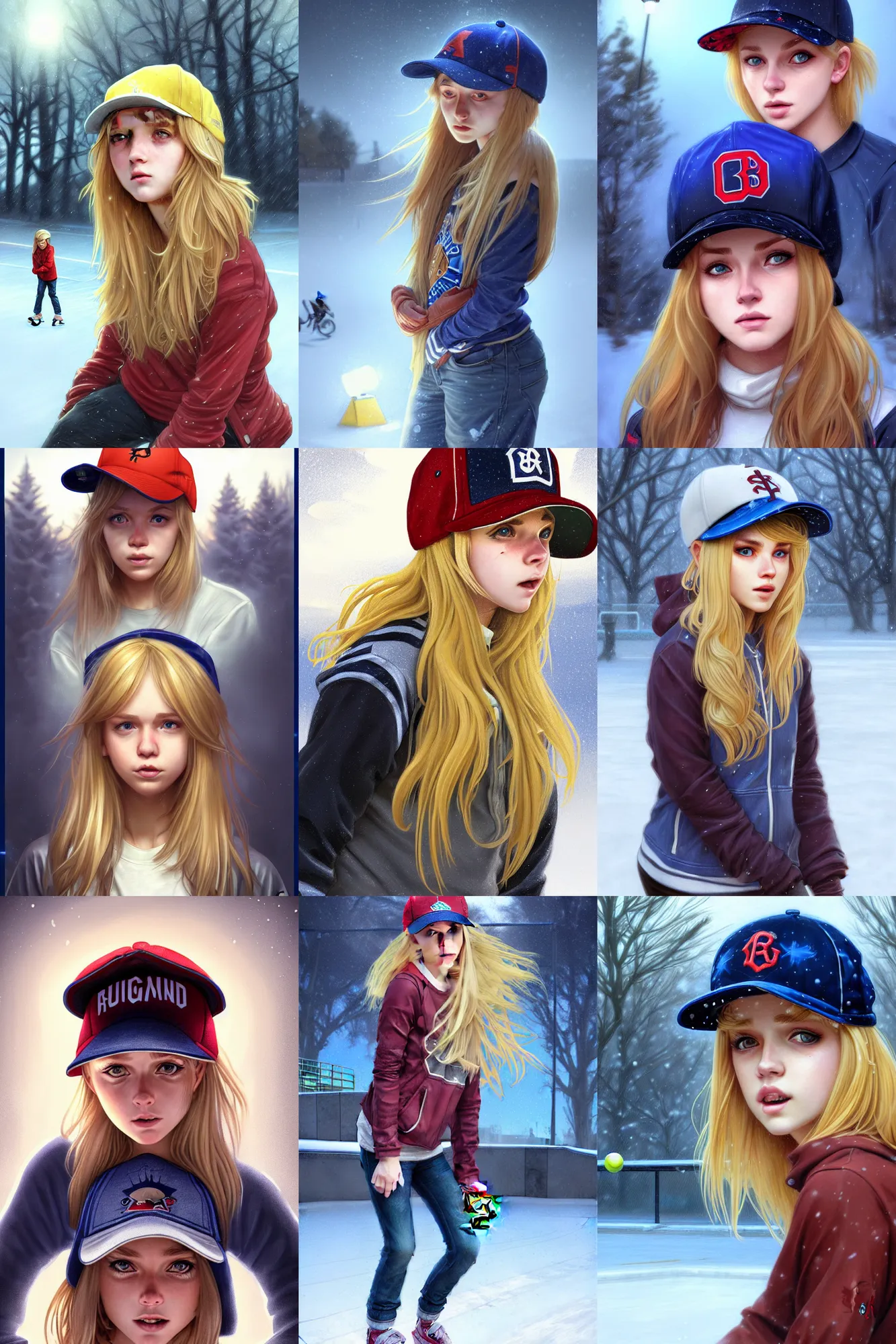 Prompt: blonde skatergirl with fringe hair in baseball cap in the skatepark during winter blizzard night. wide eyes, highly detailed, cinematicm dramatic lighting, fully body shot, smooth concept art, airbrush, by artgerm and greg rutkowski and alphonse mucha and simon stalenhag artstation