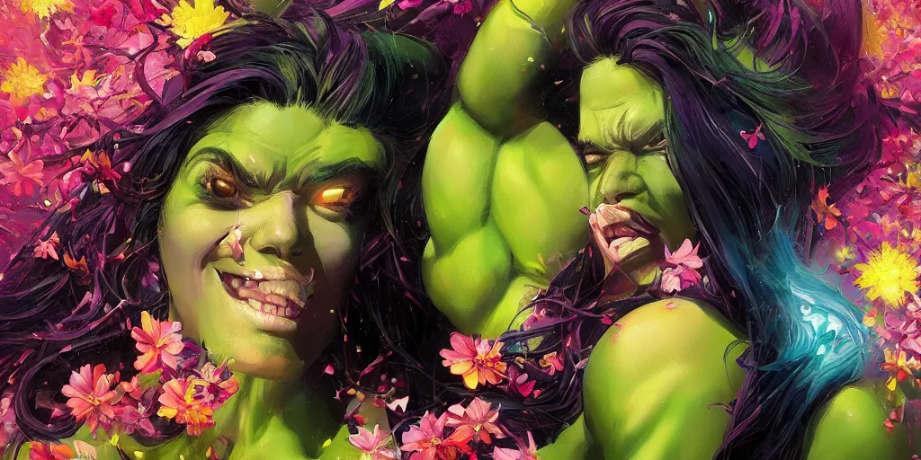 Prompt: A ultradetailed beautiful portrait panting of a She-Hulk with a colorful explosion of flowers coming out of her neck, Oil painting, by Ilya Kuvshinov, Greg Rutkowski and Makoto Shinka