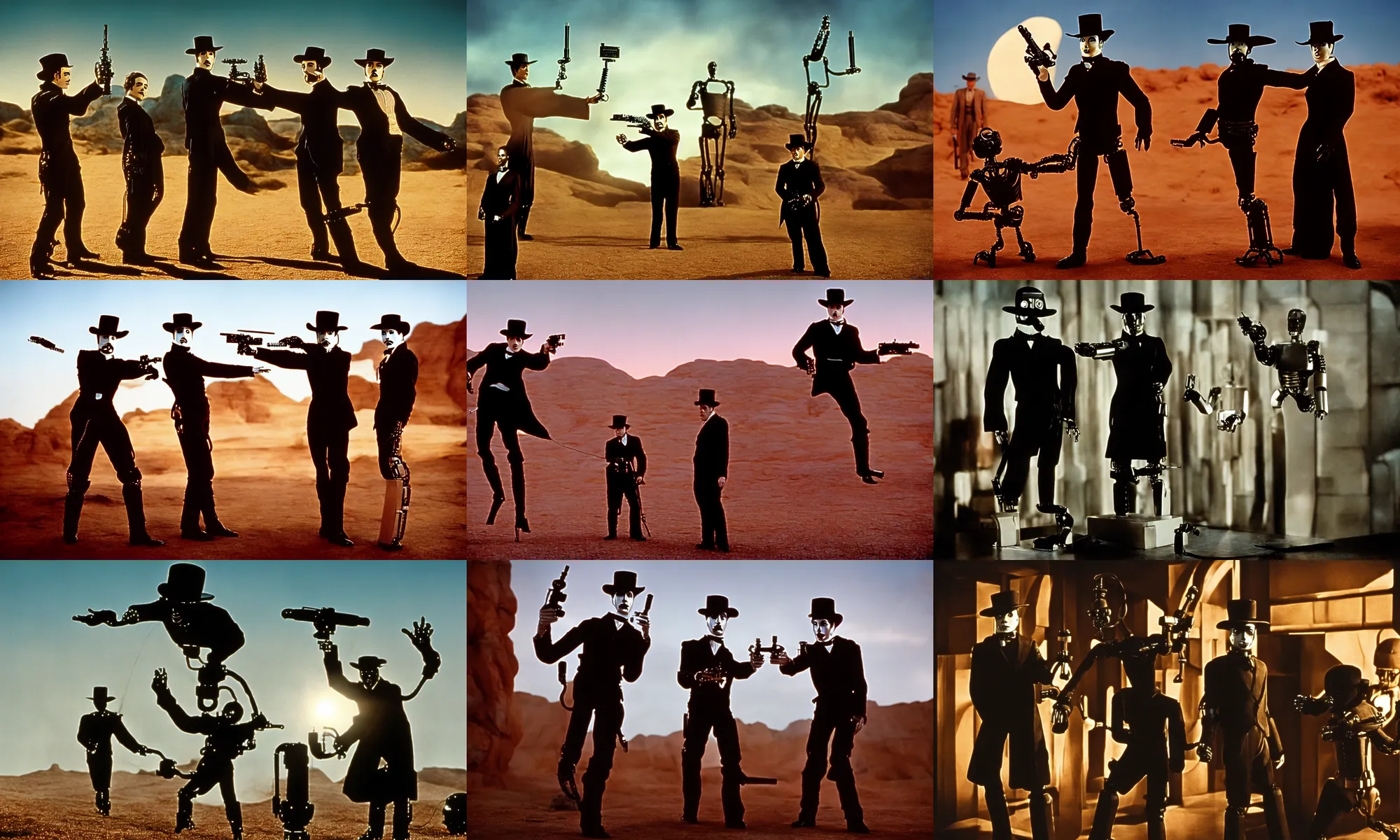 Prompt: the science fiction classic movie westworld featuring charlie chaplin as a robot gunman, cinestill, low light, duel at sundown