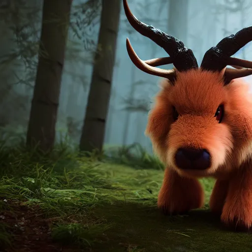 Image similar to ultrarealistic creature fluffy animal with horns and short legs and arms and red eyes, forest scene, octane render, highly detailed, cinematic lightning