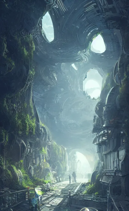 Image similar to space utopia where the path ways are filled with fauna, intricate building design, dynamic lighting, photorealistic fantasy concept art, trending on art station, stunning visuals, creative, cinematic, ultra detailed, ray tracing, sun rays