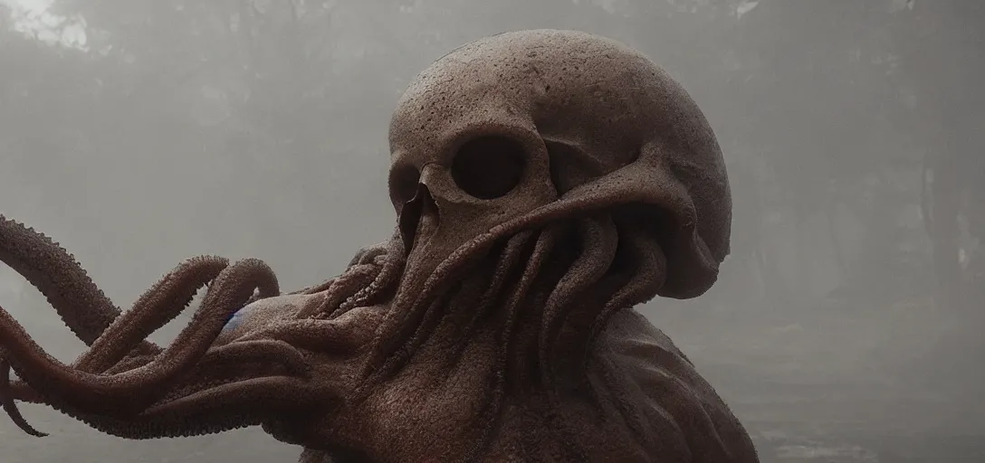 Prompt: an [ [ [ octopus ] ] ] in the shape of a skull, foggy, cinematic shot, photo still from movie by denis villeneuve, wayne barlowe