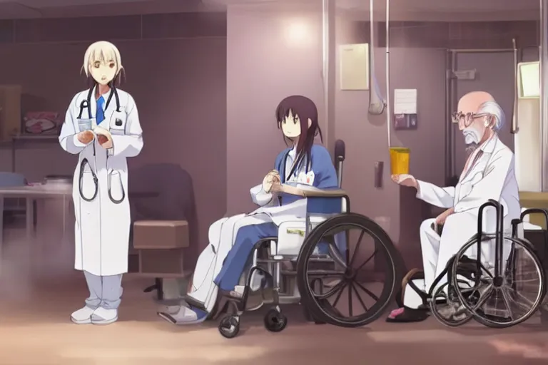 Image similar to a cute young female doctor wearing white coat are serving an old man in a wheelchair in a hospital ward, slice of life anime, cinematic, realistic, anime scenery by Makoto shinkai