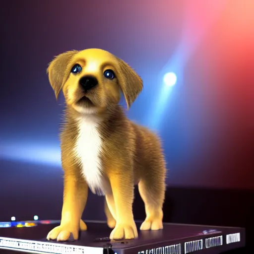 Prompt: puppy as a DJ, 8k, volumetric lighting, hyper realistic