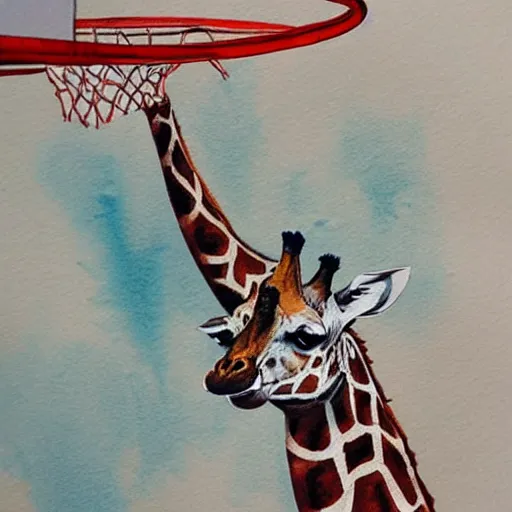 Prompt: giraffe dunking basketball in full stadium, watercolor, highly detailed