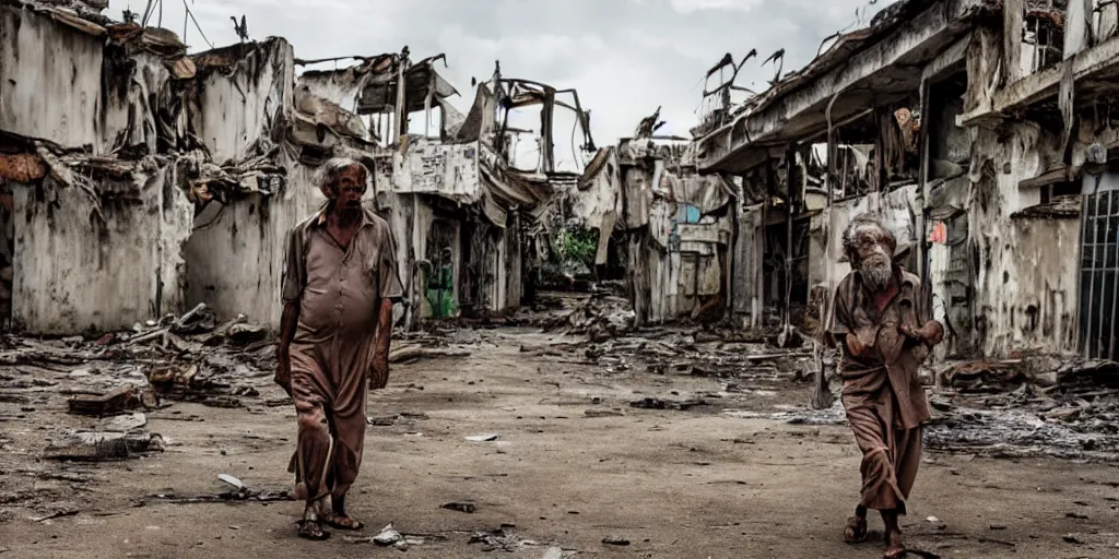 Prompt: an old man in rags wandering in the ruins of a post apocalyptic sri lankan city, with various animals around him