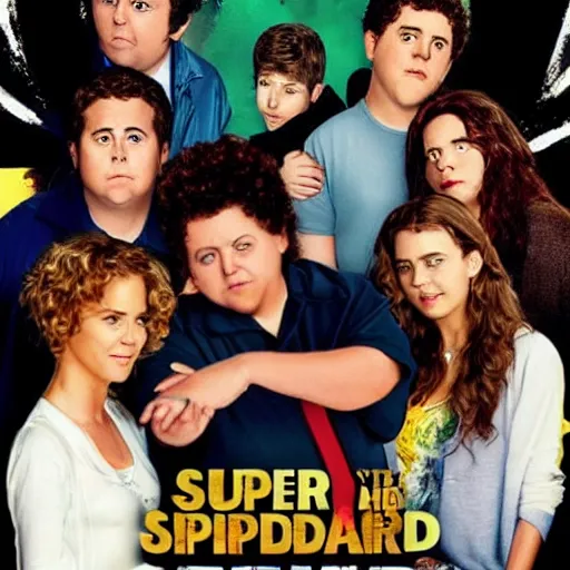 Prompt: Superbad 2: Bigger and Badder official poster. The film stars all the actors from the previous film and featurs them on the poster with their names written at the top. The poster features all actors all standing behind a large 2 with the name of the film (Superbad 2: Bigger and Badder) Written below it. Directed by Greg Mottola is written at the bottom of the poster. The actors are all standing in an orange and beige 70's themed backdrop, they've all clearly aged from their preformances 16 years ago and it seems like the characters they're playing have as well.