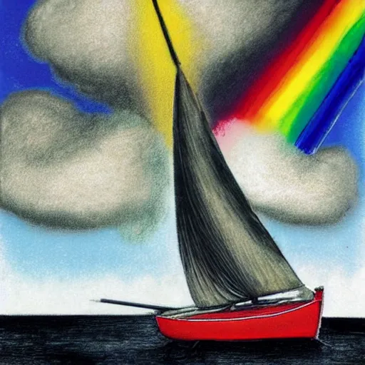 Prompt: balmy, melancholic crayon art, depth of field by willem kalf, by andy warhol, by randolph caldecott. a beautiful street art of a sailboat sailing on a sea of clouds, with a rainbow in the background. the sailboat is crewed by a group of monkeys, & the sails are billowing in the wind.