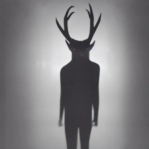 Prompt: a flash photo of creepy wendigo with an unnatural smile standing in a vantablack hallway from a horror movie, it is deformed and is staring at the camera from the end of a dark liminal hallway. caught on vhs, film grain, national geographic award winning photography,