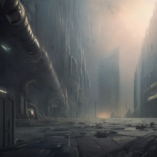 Image similar to abandoned sci-fi city volumetric mystical and dramatic realistic lighting, concept art, fantasy, matte painting, in the style of Greg Rutkowski and H.R. Giger and artemisia, highly detailed