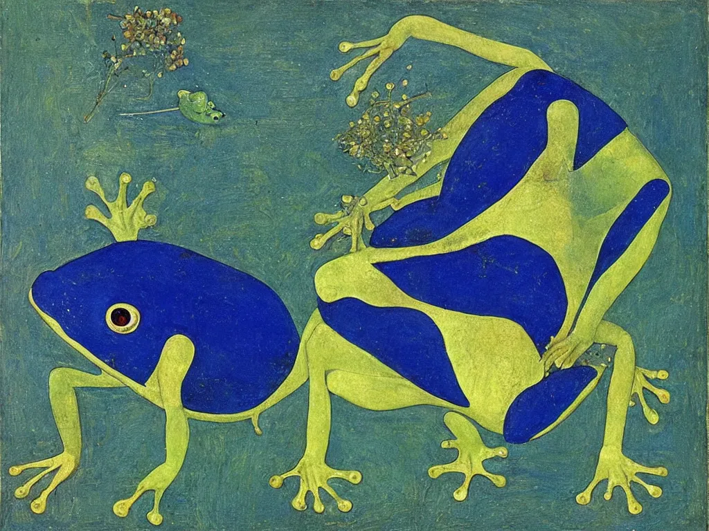 Image similar to portrait of a frog. lapis lazuli, malachite, turqouise, gold. painting by piero della francesca, balthus, agnes pelton