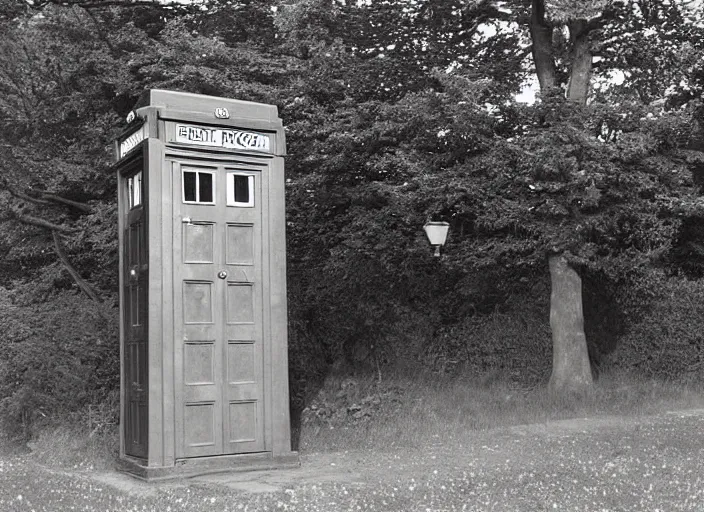 Image similar to photo of a metropolitan police box partially obscured by trees in rural london, police box, 1936, sepia