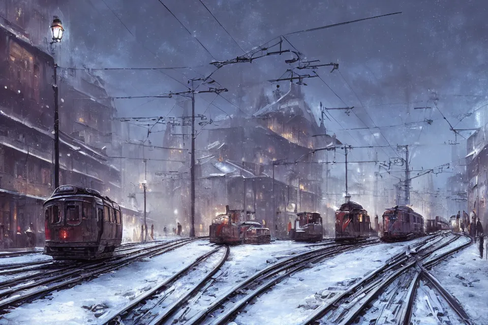 Prompt: highly detailed painting of dieselpunk stockholm, winter, snow, tram on rail tracks, dystopia, by greg rutkowski, by raphael lacoste, 4 k resolution, trending on artstation