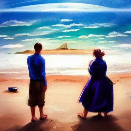 Image similar to a man and a woman looking to the sea in a beach, sunshine, realistic, clouds , illustration, artstation