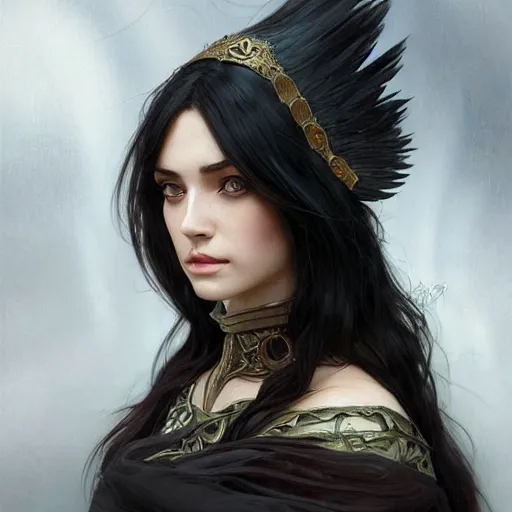 Image similar to portrait of a raven-haired female sorceress, elegant, intricate, headshot, D&D, fantasy, highly detailed, digital painting, artstation, concept art, sharp focus, illustration, art by artgerm and greg rutkowski and alphonse mucha