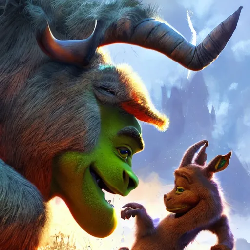 Image similar to shrek fighting an evil donkey, dynamic, action pose, digital painting, WLOP, trending on artstation, 8k, epic composition, highly detailed, sharp focus