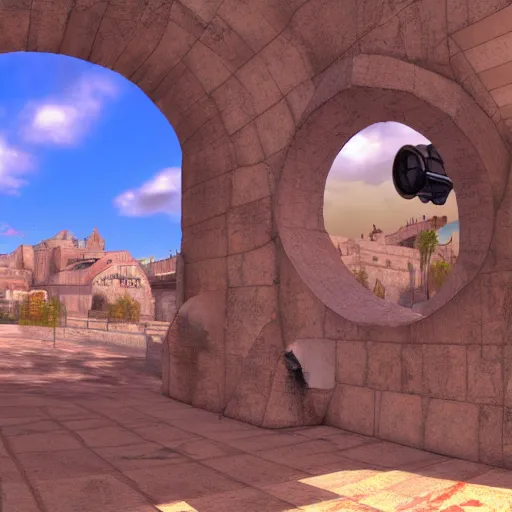 Image similar to Counter Strike, de_mirage, Salvador Dali, fisheye lens, unreal engine, 3d render, 4k