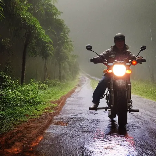 Image similar to a potato riding a motorcycle through the jungle, low angle with rain and lightning, dramatic scene from a movie