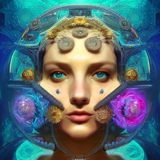 Image similar to beautiful symmetrical face portrait android woman time machine axonometric mechanical fantasy intricate elegant highly detailed in volumetric void of latent space lush flowers intricate jewellery, realm of the gods golden turquoise steampunk, axonometric high contrast cinematic light, mystical shadows, digital painting, sharp focus, octane render, photographic, concept art, artist leonardo davinci, unreal engine 8 k